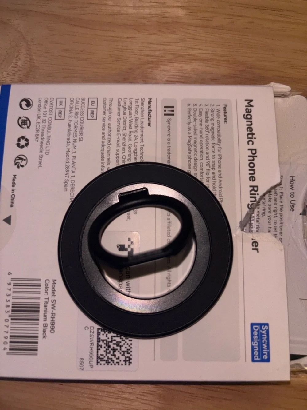 Syncwire Black Magnetic iPhone Ring Holder with Rotating Kickstand, NIB